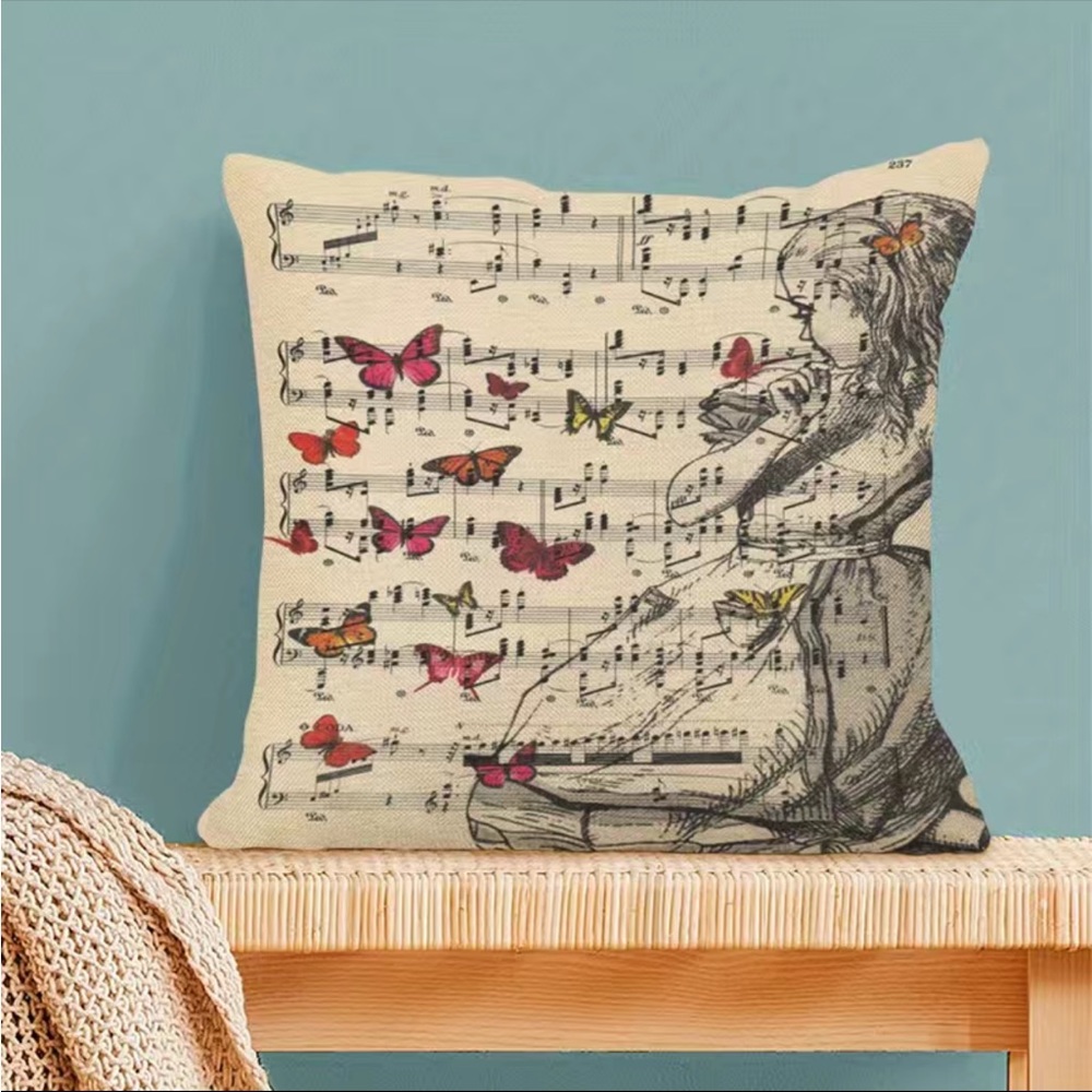 1Pc Girl And Butterflies Musical Notes Throw Pillowcase cartoon Single Print
